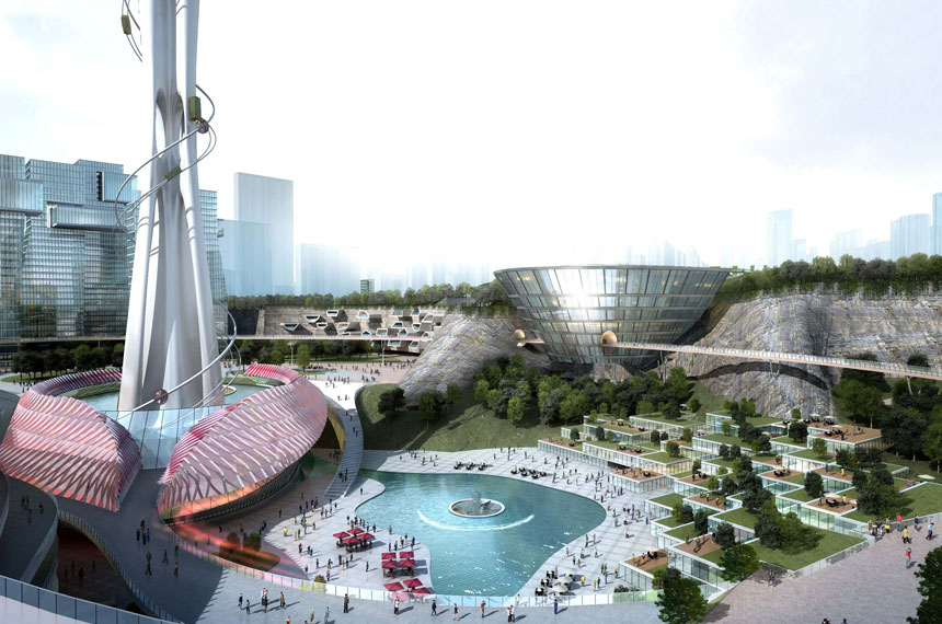artist impression of Dalian vertical theme park base and pool