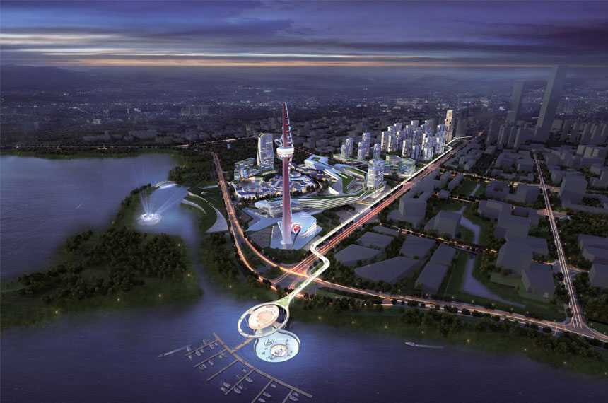 Wuxi Vertical Theme Park at night, artist impression